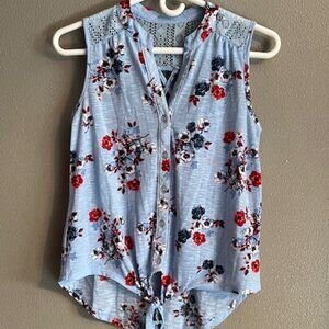 Women's No Boundaries Sleeveless Top Size Small Blue Floral Tie Front